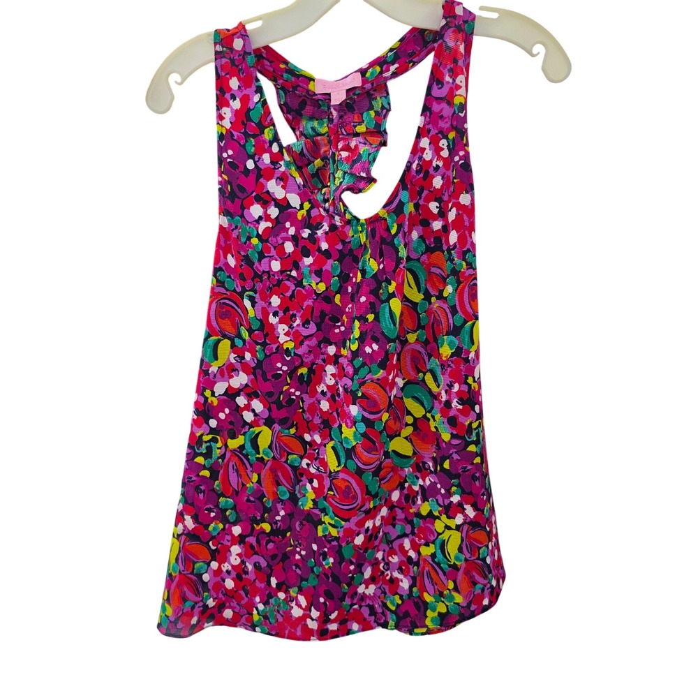Lilly Pulitzer RARE Ruffle T-Back Sleeveless Top Pink Floral Abstract Multi S - Picture 2 of 6